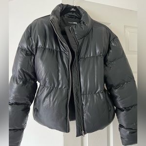 Black leather puffer jacket